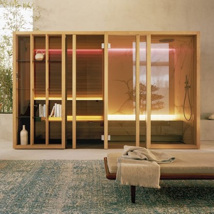 Effegibi Yoku SH Glass Сауна&Хаммам 342x170х214см, пристенная, цвет: чёрный орех/Calacatta Gold Extra