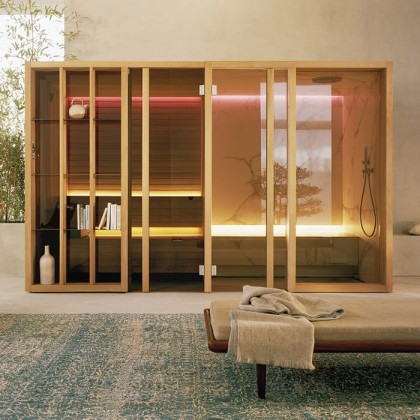 Effegibi Yoku SH Glass Сауна&Хаммам 342x170х214см, пристенная, цвет: чёрный орех/Calacatta Gold Extra