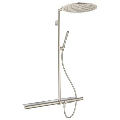 Axor ShowerSolutions Душевая стойка с термостатом, верхним душем ?350мм, 1jet, шлангом, ручным душем и полочкой, цвет: шлифованный никель