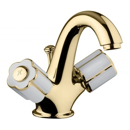 Bongio Fleur Blanc Смеситель для раковины с донным клапаном, цвет: золото/белый фарфор