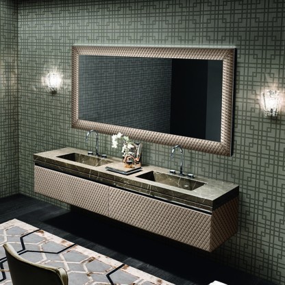 VITAGE milldue edition FOUR SEASONS Комплект мебели с базой, интегрированными раковинами PLANS, зеркалом LOSANNA, 216см, подвесной, цвет: мрамор bronzo amani-B58 экокожа visione-223 черный хром