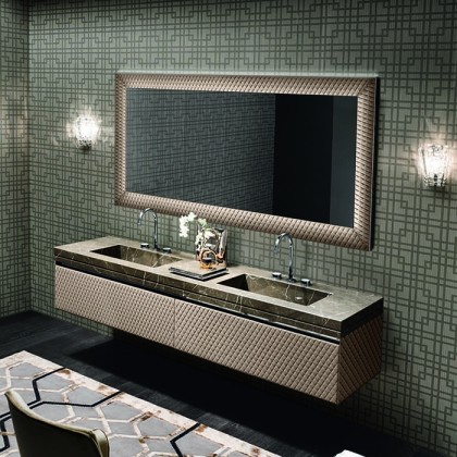 VITAGE milldue edition FOUR SEASONS Комплект мебели с базой, интегрированными раковинами PLANS, зеркалом LOSANNA, 216см, подвесной, цвет: мрамор bronzo amani-B58 экокожа visione-223 черный хром