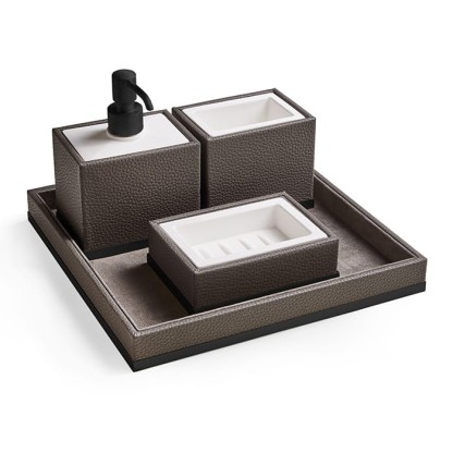 3SC Milano Комплект: стакан, дозатор, мыльница, лоток, цвет: коричневая эко-кожа/черный матовый