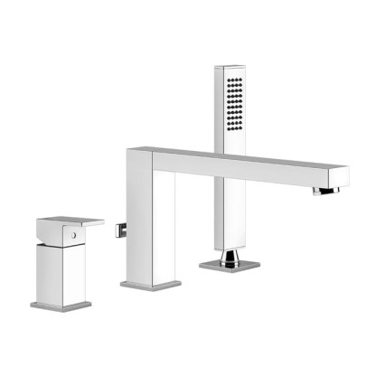 Gessi Rettangolo Смеситель для ванны на 3 отверстия, с переключателем, изливом 195мм и ручным душем, цвет: хром