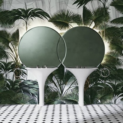 Devon&Devon Double Kalos Раковина 78.6х22.1х54.2 см, 3 отв., двойная, WHITE TEC, с донным клапаном, с колонной, фурнитура светлое золото, цвет: белый