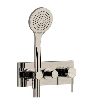 Gessi Emporio Via tortona Смеситель для душа, встраиваемый, на 2 позиции с переключателем, подводом воды и держателем лейки, душевой лейкой и шлангом, цвет: Finox Brushed Nickel