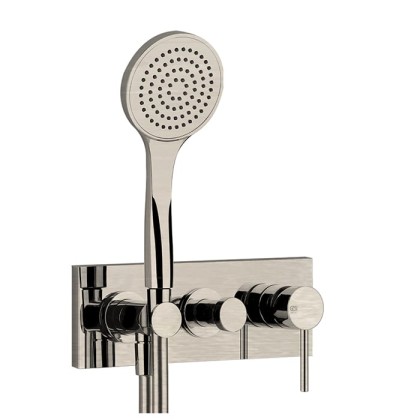 Gessi Emporio Via tortona Смеситель для душа, встраиваемый, на 2 позиции с переключателем, подводом воды и держателем лейки, душевой лейкой и шлангом, цвет: Finox Brushed Nickel