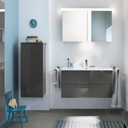 Burgbad Essento База подвесная с керам. умыв.93х49.5х51.5см. 2 выдв ящика, вкл сифон, с 1 отв для смес. цвет: серый высоглянц F1759,без ручек, с зеркальным шкафом