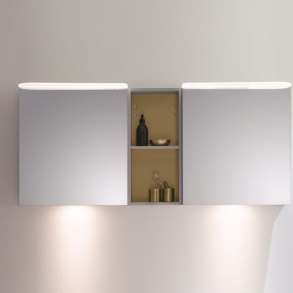 BurgBad Badu Зеркальный шкаф 150х31х66.5см, 2 светильника,2 выкл, 2 зерк двери, стойка с 1 полкой, стекл полки, освещение мойки, цвет: лен серый/Gold