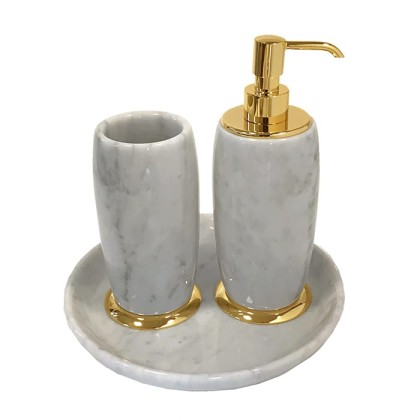 3SC Elegance Коплект: стакан, дозатор, лоток,  мрамор bianco carrara/, цвет: золото 24к. Lucido