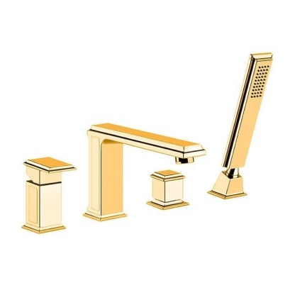 Gessi Eleganza Смеситель для ванны на 4 отверстия, с переключателем, изливом и ручным душем, цвет: золото