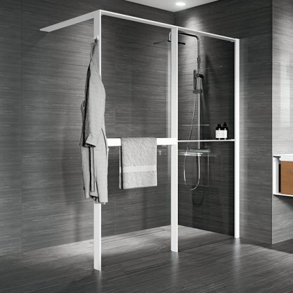 Novellini Kuadra HWZ2 Душевое ограждение 174-177х200cм., с свободным входом, Dx, с полотенцедержателем и полкой, стекло прозрачое, цвет:  белый матовый