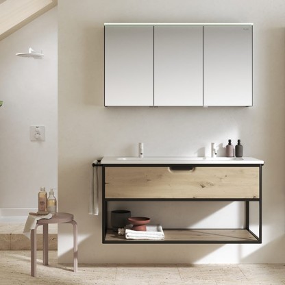 Burgbad Vry Комплект мебели 123х49.6х62.2см, подвесной, 1 ящик, 1 полка, с раковиной, с 2 отв., ручка черная мат, цвет: Eiche Dekor Urban