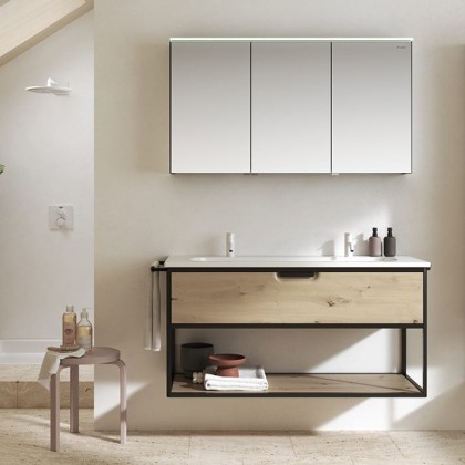 Burgbad Vry Комплект мебели 123х49.6х62.2см, подвесной, 1 ящик, 1 полка, с раковиной, с 2 отв., ручка черная мат, цвет: Eiche Dekor Urban