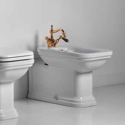 Kerasan Waldorf Биде напольное пристенное удлиненное "Prolongato" 65х37см с 1 отв. под смеситель, цвет: белый/золото