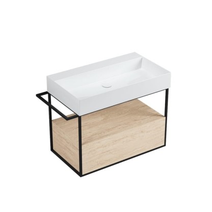 Azzurra Elegance Squared Подвесная структура под раковину 81 см, 89x44,5xH52 см, 1 ящик, полотенцедержатель, цвет ящика: Olmo naturale, цвет структуры: Nero opaco