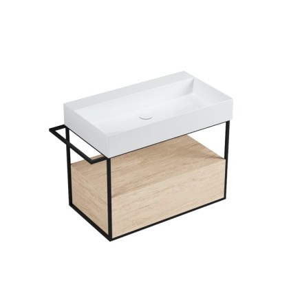 Azzurra Elegance Squared Подвесная структура под раковину 81 см, 89x44,5xH52 см, 1 ящик, полотенцедержатель, цвет ящика: Olmo naturale, цвет структуры: Nero opaco