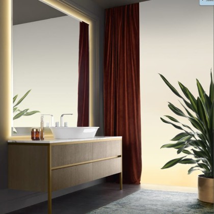 VITAGE milldue edition ALGONQUIN Комплект мебели с базой, раковиной NEW YORK, мраморной столешницей, зеркалом BROOKLYN с подсветкой, 166см, матовый шпон/аллюминий, напольная, Цвет: rovere miele-7676/ottone spazzolato-339/arabescato-B15