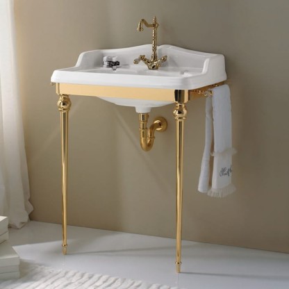 3SC Consolle Консоль Boheme 85х54хh104см, с раковиной LA01, сифоном и полотенцедердателями, напольная, цвет: золото 24к. Lucido