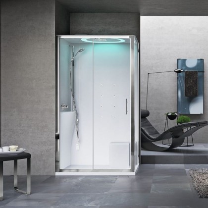 Novellini Eon Душевая кабина 120х80х236см, Sx, термостатический смеситель, турецкая баня, гидромассаж, верхний душ, LED подсветка, стекло, цвет: хром/белый глянец