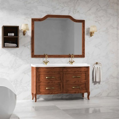 EBAN Rachele Комплект мебели: база под раковину с доводчиками Blum, с двойной раковиной, ручки золото, 140 см, напольный, Цвет: NOCE