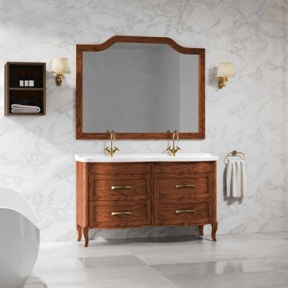 EBAN Rachele Комплект мебели: база под раковину с доводчиками Blum, с двойной раковиной, ручки золото, 140 см, напольный, Цвет: NOCE