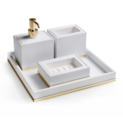 3SC Snowy Комплект: стакан, дозатор, мыльница, лоток, цвет: белая эко-кожа/золото 24к. Lucido