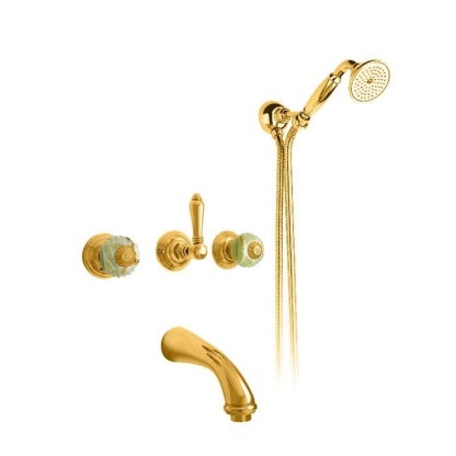 Nicolazzi Onice Смеситель для ванны с 2мя ручками, встроенный, вкл. внутр часть + комплект руч. душа, цвет: золото