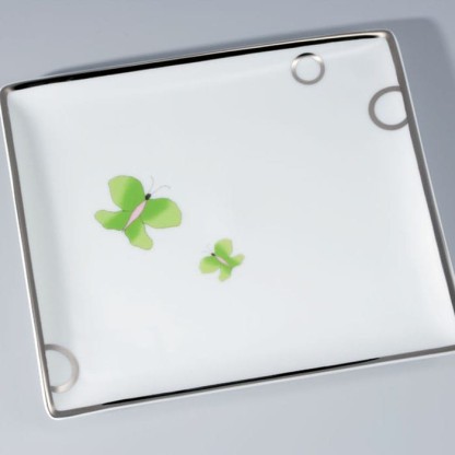 THG CAPUCINE VERT DECOR PLATINE Поднос керамический 220х198 мм., настольный, large size, декор платина/зеленый, цвет: белый