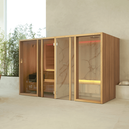 Effegibi Yoku Spa Shelf Сауна&Хаммам 444x170х217см, угловая Sx, цвет: чёрный орех/Fior di Bosco Tortora