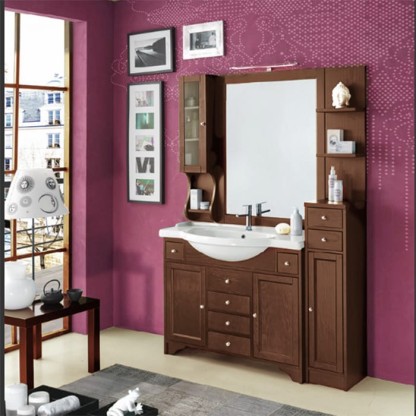 EBAN Eleonora Modular  Комплект мебели, с зеркалом со шкафчиком слева, колонна справа, с раковиной и светильником, 130см, напольный, Цвет: NOCE