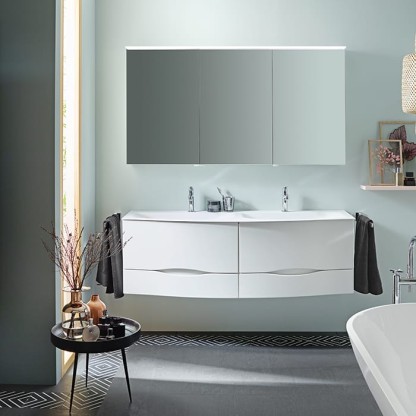 BURGBAD Sinea 2.0  Комплект подвесной мебели  151 см, база с 4 ящиками, двойная раковина из минерального литья цвет: белый с зеркальным шкафом с подсветкой, цвет: белый глянцевый