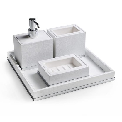 3SC Snowy Комплект: стакан, дозатор, мыльница, лоток, цвет: белая эко-кожа/хром