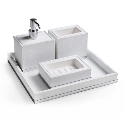 3SC Snowy Комплект: стакан, дозатор, мыльница, лоток, цвет: белая эко-кожа/хром