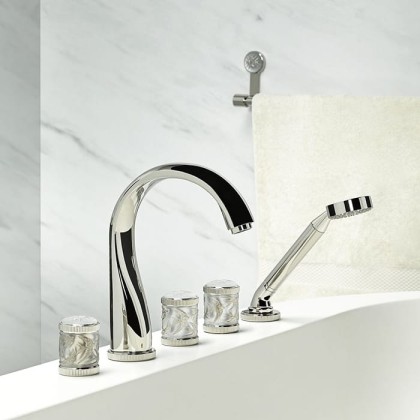 THG Hirondelles Platinum Stamped Смеситель на борт ванны, 5 отв., с ручным душем, цвет: Polished nickel