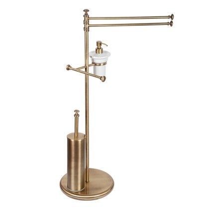 TW Harmony 004, стойка напольная, комбинированная: двойной п/держ, .керам.дозатор (белый), держатель т/б, ёршик, цвет держателя: бронза