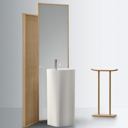 NOORTH milldue edition AZUMA Комплект 127см из напольной ширмы в матовом шпоне с зеркалом и напольной раковины из Cristalplant, цвет: rovere mezza fiamma-7777 / белый матовый