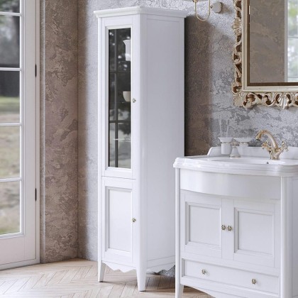 TW Veronica Nuovo колонна напольная с 2-мя дверцами, 3-мя стеклянными полками, доводчиками Blum, ручки бронза, SX - петли слева, цвет: белый