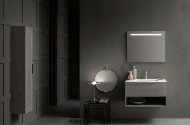 Cerasa Assolo Комплект: база подвесн с ящиком, цвет la/co + столешница из мин/мрам, цвет бел. с 1отв 85x51,5x h50см + зеркало 85*h70 со светильник LED, цвет: larice cosmopolitan