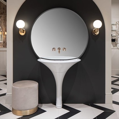 Devon&Devon Kalos Раковина 78.6х22.1х54.2 см, без отв., из WHITE TEC, с донным клапаном, с колонной, фурнитура светлое золото, цвет: белый