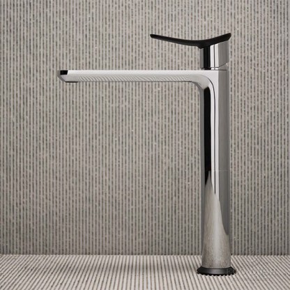 HUBER Harlock Смеситель однорычажный для раковины на 1 отверстие, высокий h225 мм, без донного клапана, цвет: хром/черный матовый,