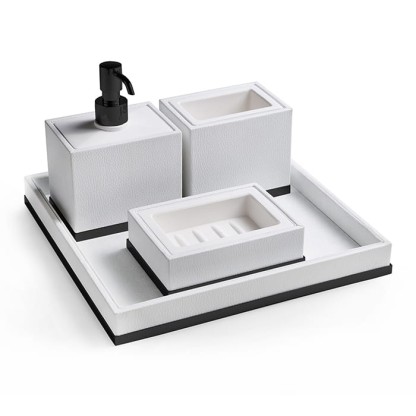 3SC Snowy Комплект: стакан, дозатор, мыльница, лоток, цвет: белая эко-кожа/черный матовый