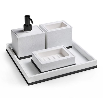 3SC Snowy Комплект: стакан, дозатор, мыльница, лоток, цвет: белая эко-кожа/черный матовый