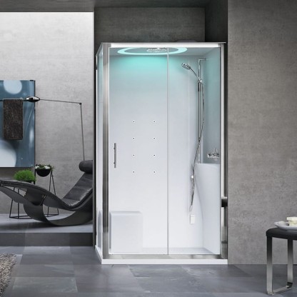 Novellini Eon Душевая кабина 120х80х221см, Dx, термостатический смеситель, гидромассаж, верхний душ, LED подсветка, стекло, цвет: хром/белый глянец