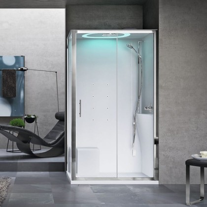 Novellini Eon Душевая кабина 120х80х221см, Dx, термостатический смеситель, гидромассаж, верхний душ, LED подсветка, стекло, цвет: хром/белый глянец