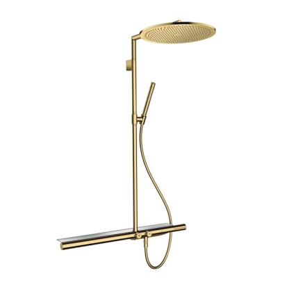 Axor Citterio Душевая стойка с термостатом, верхним душем ?350мм, 1jet, шлангом, ручным душем и полочкой, цвет: полированное золото
