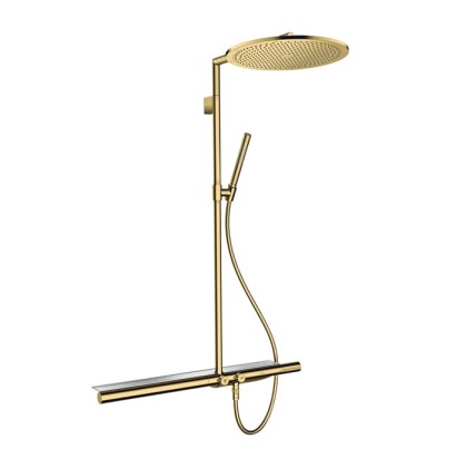 Axor Citterio Душевая стойка с термостатом, верхним душем ?350мм, 1jet, шлангом, ручным душем и полочкой, цвет: полированное золото