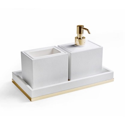 3SC Snowy Комплект: стакан, дозатор, лоток, цвет: белая эко-кожа/золото 24к. Lucido