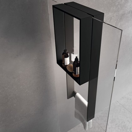 Novellini Kuadra Аксессуары для кабины 35х90cм., с внутренней полкой и внешним полотенцедержателем, для крепления на стекло, цвет: черный матовый