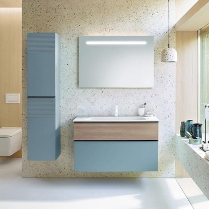 Burgbad Fiumo Комплект подвесной мебели 102х49х61см, с раковиной на 1 отв., ручки черные матовые, цвет: Eiche Dekor Cashmere / Eisblau Softmatt